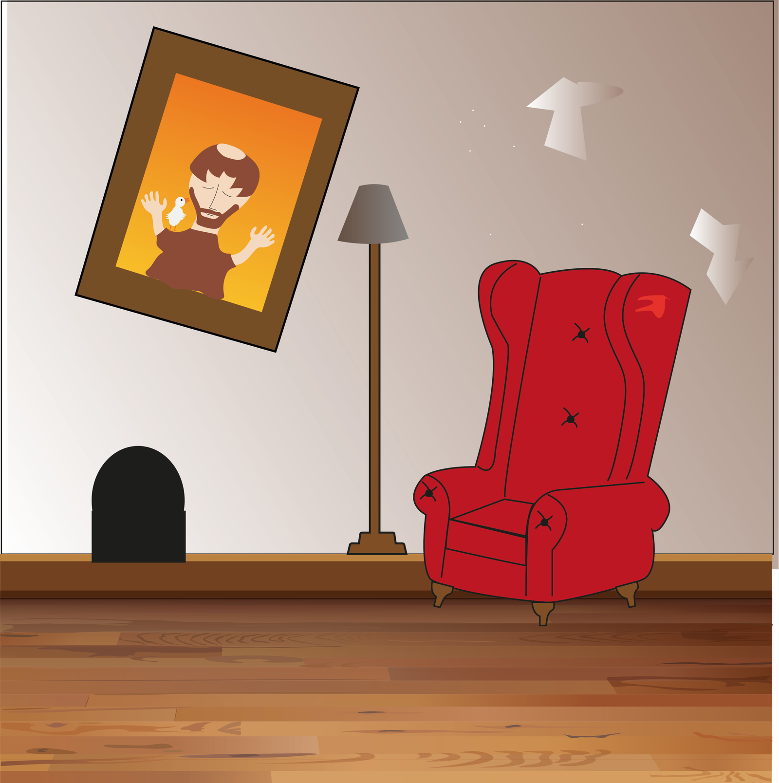 Sala antiga com uma poltrona vermelha e um buraco na parede