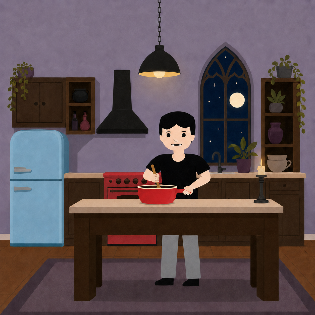 Drako cozinhando durante a noite