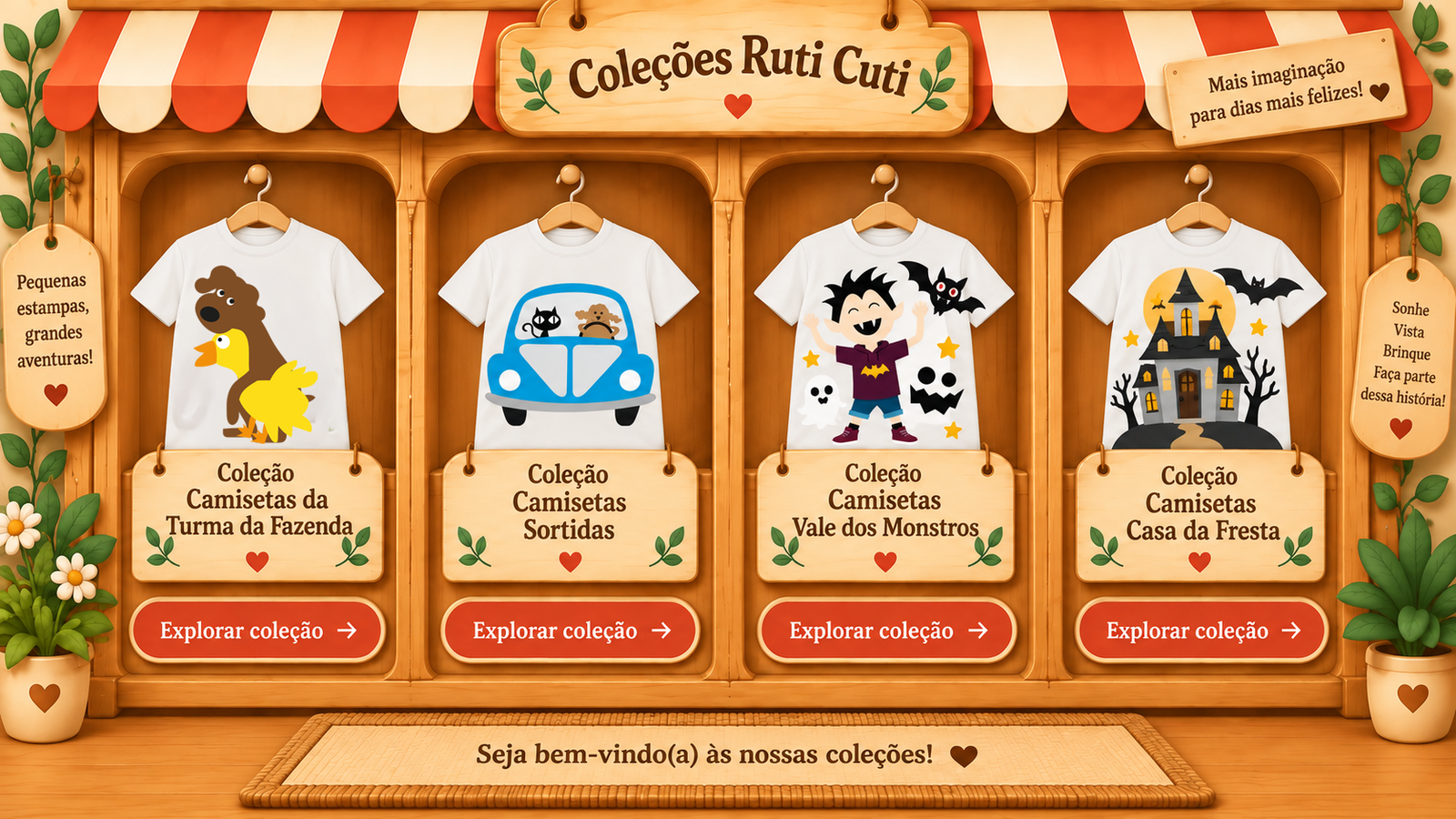 Quatro armários com camisetas ilustradas: Turma da Fazenda, Camisetas Sortidas, Vale dos Monstros e Casa da Fresta.