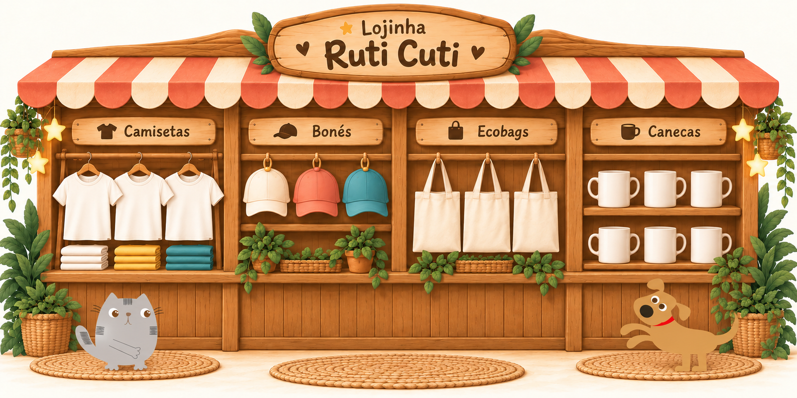 Barraquinha Ruti Cuti com camisetas, bonés, ecobags e canecas, recebida por Ruti e Cuti.